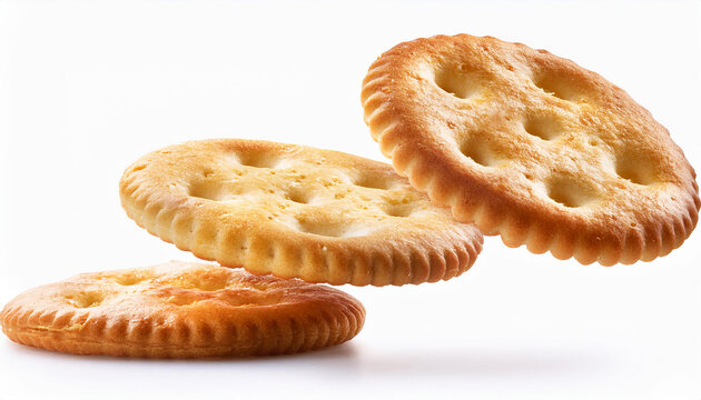 Tasty dry round crackers falling on white background