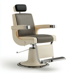 Vintage Barber Chair with Black and Cream Striped Leather and Intricate Carvings on Base, Classic Footrest, Photorealistic on White Background