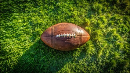Obraz premium Realistic Vintage Football Positioned on a Lush Green Grassy Field Under Bright Daylight, Captured from Above by Drone Photography for Sports Enthusiasts and Collectors