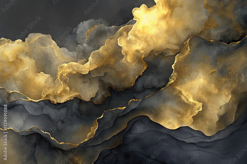 Poster Swirling clouds of gold and gray create a mesmerizing abstract landscape, blending elegance and drama in a captivating design. Generative AI