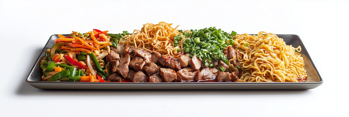 Asian cuisine: stir-fried noodles with vegetables and grilled chicken