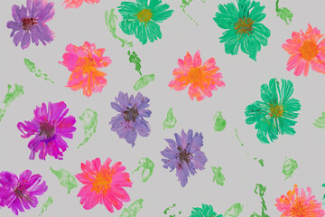 Colorful pattern of on gray background. Painting of flowers with a gray background. A drawing of flowers with a gray colored background. Abstract abstract painting of flowers and flowers on lifestyle.