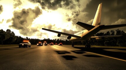 Aircraft taxiing on runway with police vehicles nearby, symbolizing security and readiness for takeoff in aviation operations.