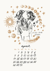 April month calendar with hand drawn aries zodiac signs illustration, planets, sun, moon, stars.