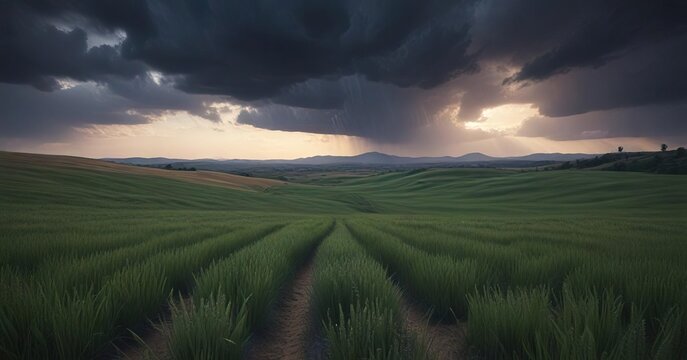 Dark clouds gather over the rolling hills of a vast wheat field as the sky turns a deep shade of indigo, dark clouds, landscape photography