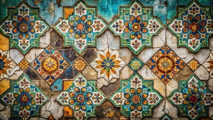 A weathered wall adorned with a vibrant tapestry of hand-painted tiles, each tile showcasing intricate floral patterns and a kaleidoscope of hues, creating a mesmerizing mosaic of color and texture.