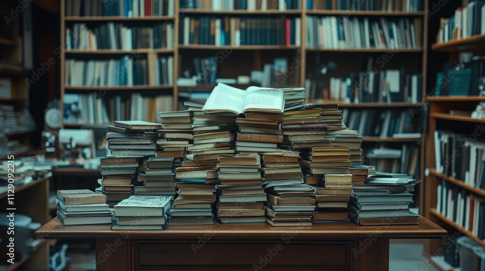 Aufkleber large stack of books on a table in a library.