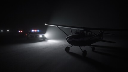 Aircraft taxiing on runway with police vehicles nearby, symbolizing security and readiness for takeoff in aviation operations.