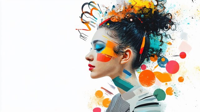 Abstract portrait of a woman with colorful face paint. Modern art, fashion, and beauty collide in this vibrant and expressive artwork.