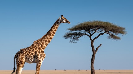 Fototapeta premium A giraffe elegantly standing on a vast African plain, stretching up to an acacia tree, with the clear blue sky and scattered wildlife in the background.