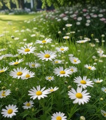 Delicate flowers of gatassaniye and pyrethrum in a lush green garden on the grassy lawn, outdoor flowers, pyrethrum flowers, garden decor