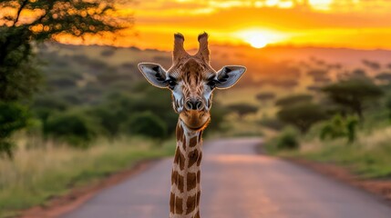 A giraffe leisurely feeding from an acacia tree, framed by the rich hues of the African landscape, with bright sun rays piercing through the foliage.