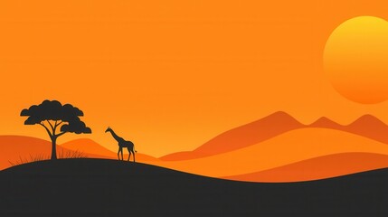 A serene African landscape featuring a solitary giraffe feeding on an acacia tree, with rolling hills and warm earthy tones in the background.