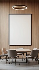 Modern Minimalist Meeting Space with Blank Canvas Frame, Elegant Conference Room with Large Vertical Poster Frame, Contemporary Interior Design Featuring Blank Art Canvas