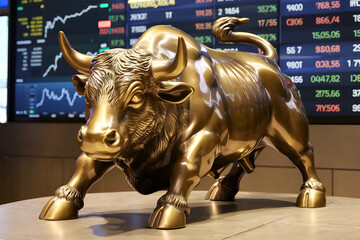 Bronze bull statue symbolizes market strength before digital stock display