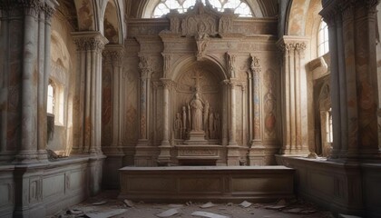 Obraz premium Decaying stone carvings and faded frescoes adorn the walls of a long-abandoned church, decay, neglect, worn