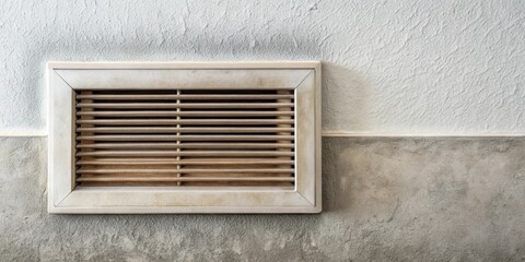 A close-up shot of a rectangular ventilation grill installed in a textured wall, featuring horizontal slats made of wood-like material.