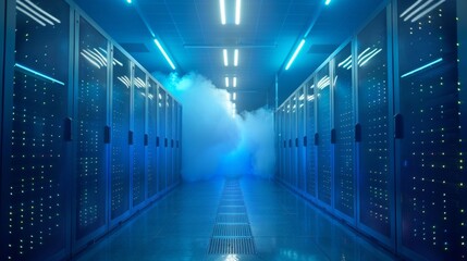 A futuristic data center with server racks lit in blue light, creating an otherworldly atmosphere. Numerical labels suggest active servers in a high-tech setting.