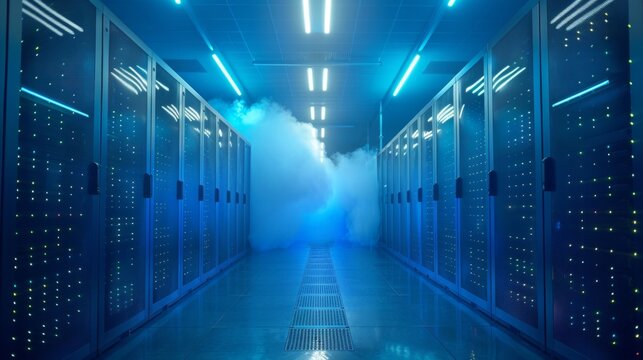 A futuristic data center with server racks lit in blue light, creating an otherworldly atmosphere. Numerical labels suggest active servers in a high-tech setting. - Powered by Adobe