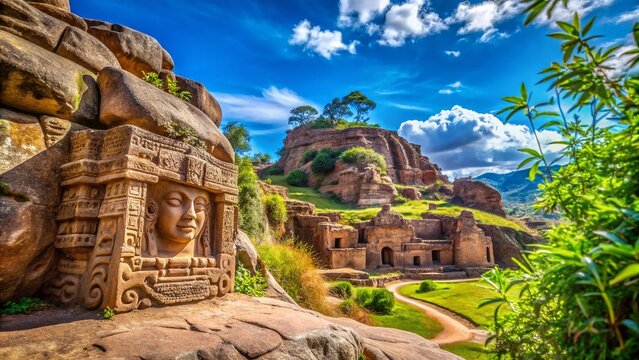 Rock Formation in Q'enqo Archaeological Complex with Surrounding Landscape and Clear Blue Sky, Ideal for Nature and History Enthusiasts, Capturing Ancient Peruvian Culture