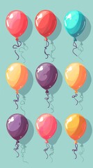 Obraz premium Nine colorful balloons on light blue background, arranged cheerfully with various colors and curly ribbons. Creates a harmonious floating effect.