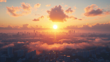 breathtaking sunset over city skyline, with clouds and mist creating serene atmosphere. sun casts warm glow, illuminating urban landscape