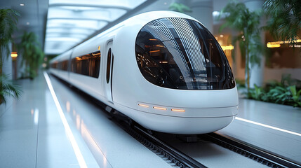 futuristic maglev train with sleek design, showcasing advanced technology and speed in modern environment. train is positioned on tracks surrounded by greenery and contemporary architecture