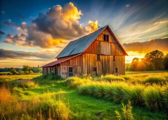 Rustic Barn House in a Neglected Area Surrounded by Overgrown Grass and Dilapidated Structures, Evoking a Sense of Hardship and Resilience in Rural Living