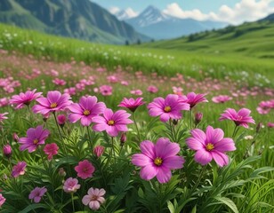 Obraz premium Group of pink flowers blooming in a lush green meadow, botanical, peaceful landscape