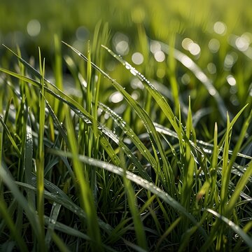 Enjoy a peaceful moment with this close-up of green grass. The vibrant green grass creates a soothing scene, each blade distinct and alive, emphasizing the natural beauty of green grass Generative AI 