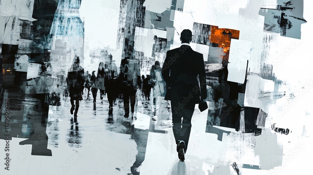 Poster abstract art of a businessman walking in a busy city. evocative urban scene with a touch of modern a