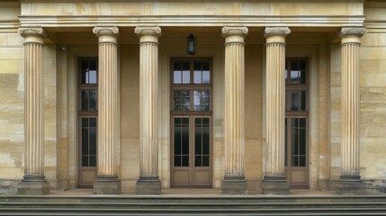 Obraz premium International court facade with grand architecture and flagpoles, symbolizing justice and global cooperation in resolving disputes.