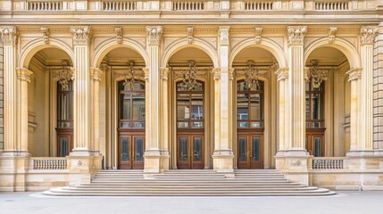 Fototapeta premium International court facade with grand architecture and flagpoles, symbolizing justice and global cooperation in resolving disputes.