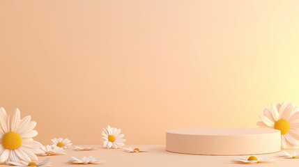Daisies surrounding a minimal display platform. product podium , pastel minimal product display