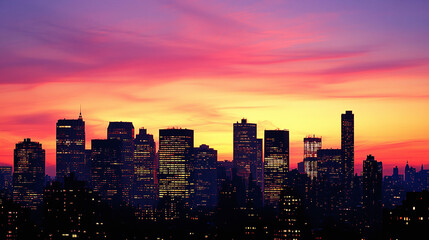 Fototapeta premium Cityscape at vibrant sunset, urban skyscrapers silhouette, modern downtown twilight, glowing financial district skyline, illuminated metropolis building architecture, bustling city life at dusk.