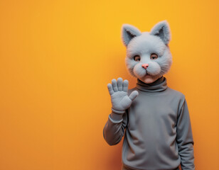 Girl in the fluffy cat mask on the orange background with copy space. Subculture of quadrober. AI generation.