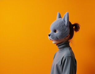 Girl in the fluffy cat mask on the orange background with copy space. Subculture of quadrober. AI generation.