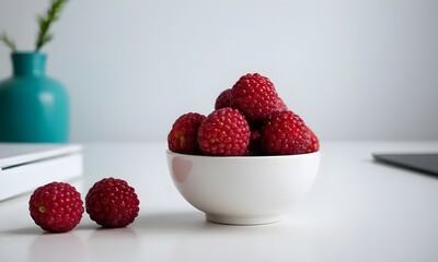 A bowl and plate of fresh, ripe raspberries on a white background, Generative AI