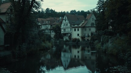Fototapeta premium Quaint waterfront village houses reflected in still water at dusk.