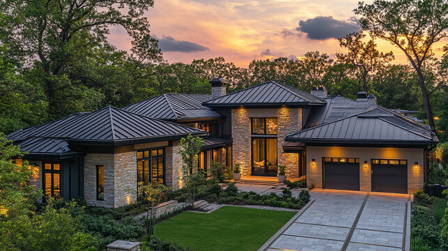 Metal roof on a house or home building architecture, steel rooftop tile exterior view.