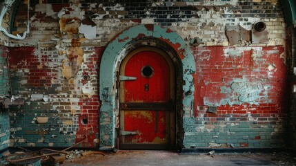 Abandoned Brick Building with Red Wooden Door