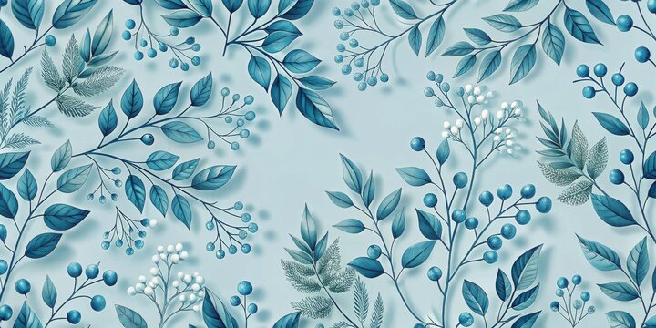 A delicate arrangement of blue botanicals with soft, feathery leaves and delicate berry clusters on a subtle sky blue background.