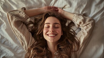 Fototapeta premium Relaxed woman shielding her eyes from light in a cozy, minimalistic bedroom