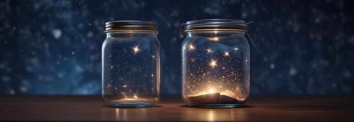 Softly glowing jar filled with sparkling starlight against a dark blue sky, starlight, jar, serene night scene