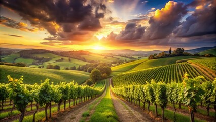 Fototapeta premium Scenic Vineyard Landscape with Rows of Grapevines in the Foreground and Majestic Hills in the Background, Perfect for Wine Lovers and Nature Enthusiasts