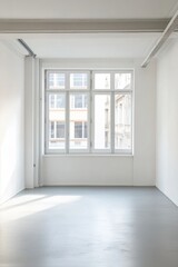 Fototapeta premium Empty Room with Large Windows, Modern Minimalist Interior