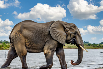 Fototapeta premium A large elephant walking in the water. Gray elephants in the river with blue sky. A river with clouds and elephants in nature. A river with clouds and blue sky with lifestyle elephants.