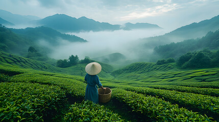 Woman harvesting tea leaves in a misty mountain tea plantation.