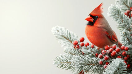 A cute cardinal ornament adorns a snow-dusted Christmas tree