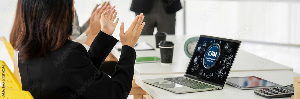 Aufkleber customer relationship management system on modish computer for crm business and enterprise
